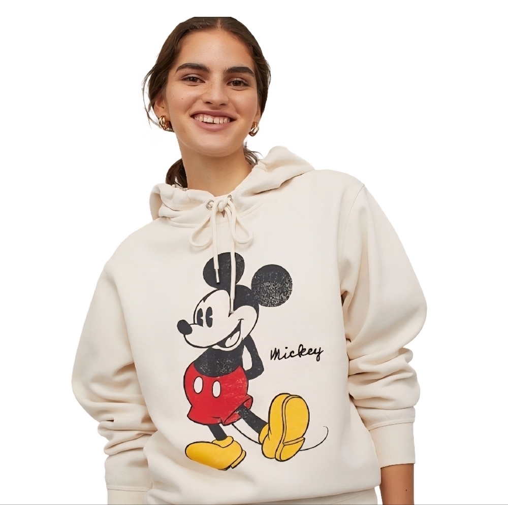DISNEY X H&M Mickey Mouse Unisex Cream Pullover Hoodie Size M Cozy